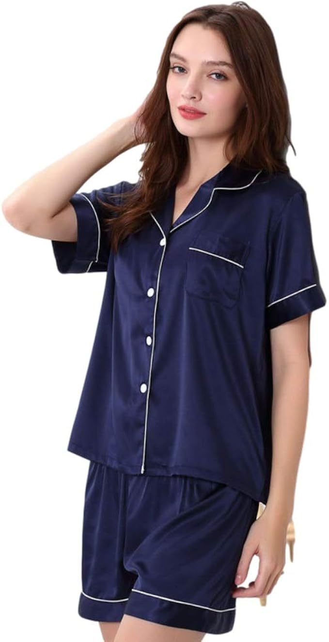 女式夏季睡衣套装柔软舒适丝绸睡衣套装短袖睡衣短裤套装